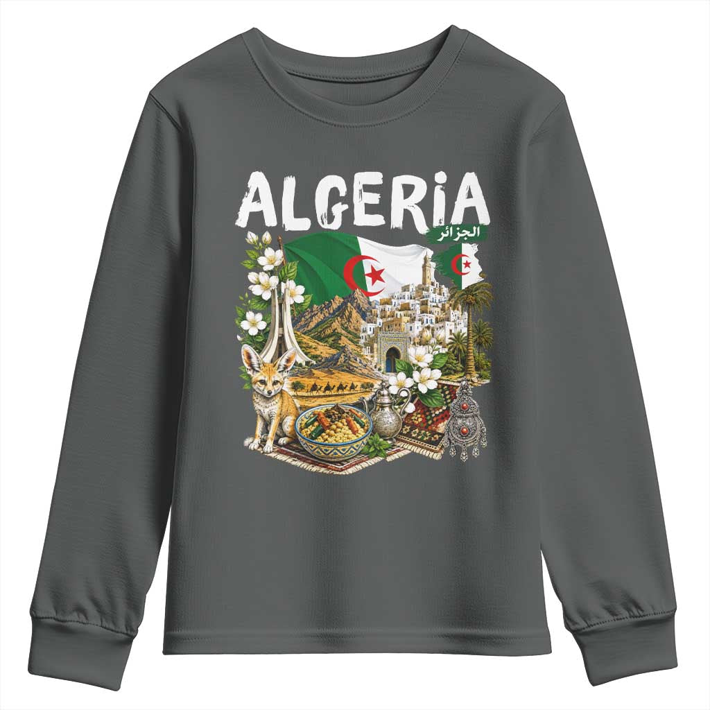 Algeria Algerian Culture and Landmarks Collage Graphic Youth Sweatshirt Proud Fennec Fox Heritage and Arabic Calligraphy