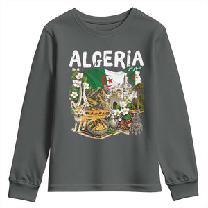 Algeria Algerian Culture and Landmarks Collage Graphic Youth Sweatshirt Proud Fennec Fox Heritage and Arabic Calligraphy