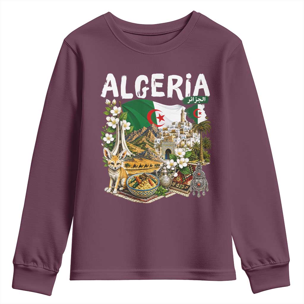 Algeria Algerian Culture and Landmarks Collage Graphic Youth Sweatshirt Proud Fennec Fox Heritage and Arabic Calligraphy
