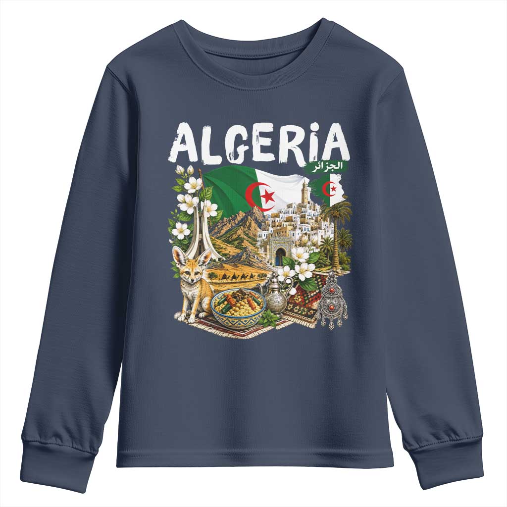Algeria Algerian Culture and Landmarks Collage Graphic Youth Sweatshirt Proud Fennec Fox Heritage and Arabic Calligraphy