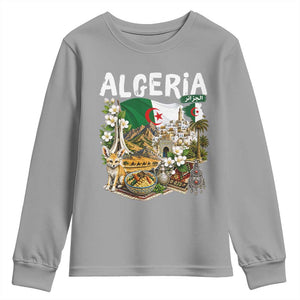 Algeria Algerian Culture and Landmarks Collage Graphic Youth Sweatshirt Proud Fennec Fox Heritage and Arabic Calligraphy
