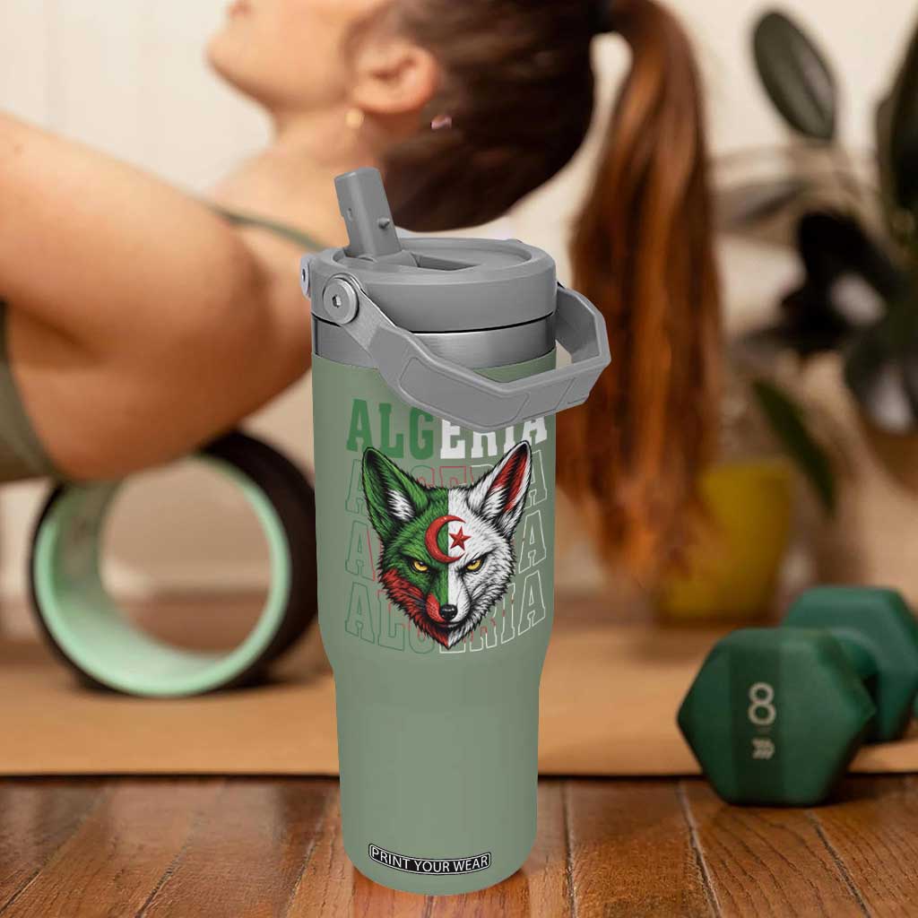 Algerian Fennec Fox Face Algeria National Flag Graphic Flip Straw Tumbler Proud North African Desert Animal TS02 One Size: 30 oz Moss Green Print Your Wear