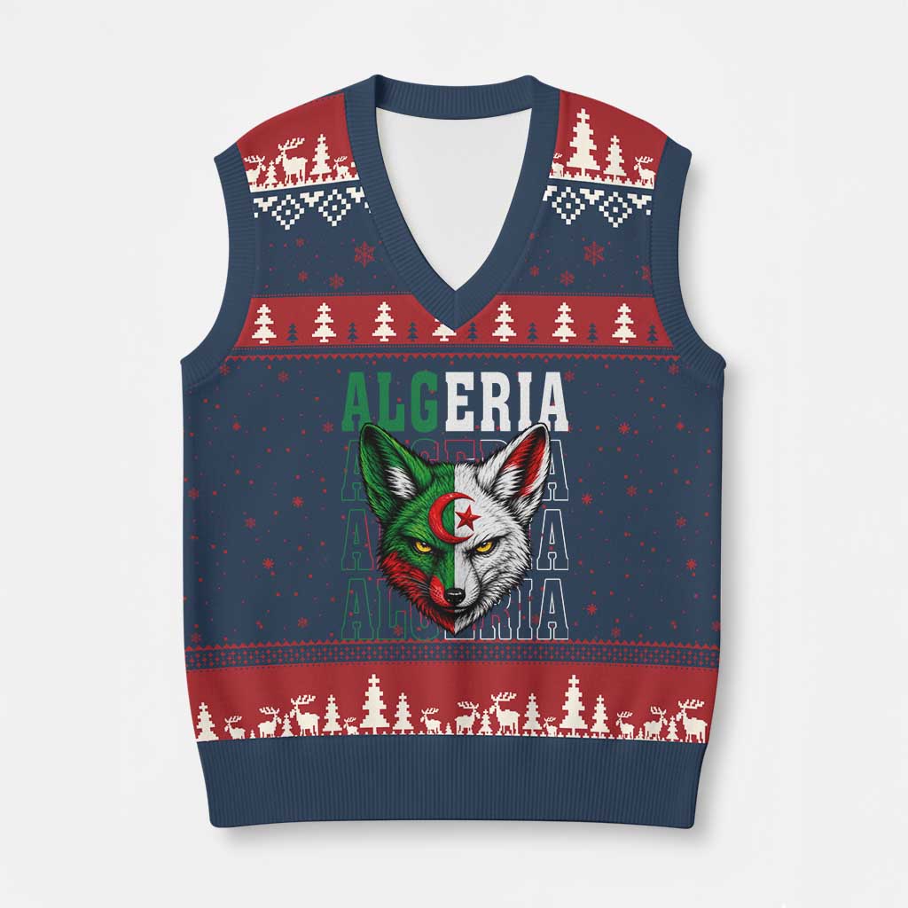 Algerian Fennec Fox Face Algeria National Flag Graphic V-Neck Knit Sweater Vest Proud North African Desert Animal TS02 Navy Red Print Your Wear