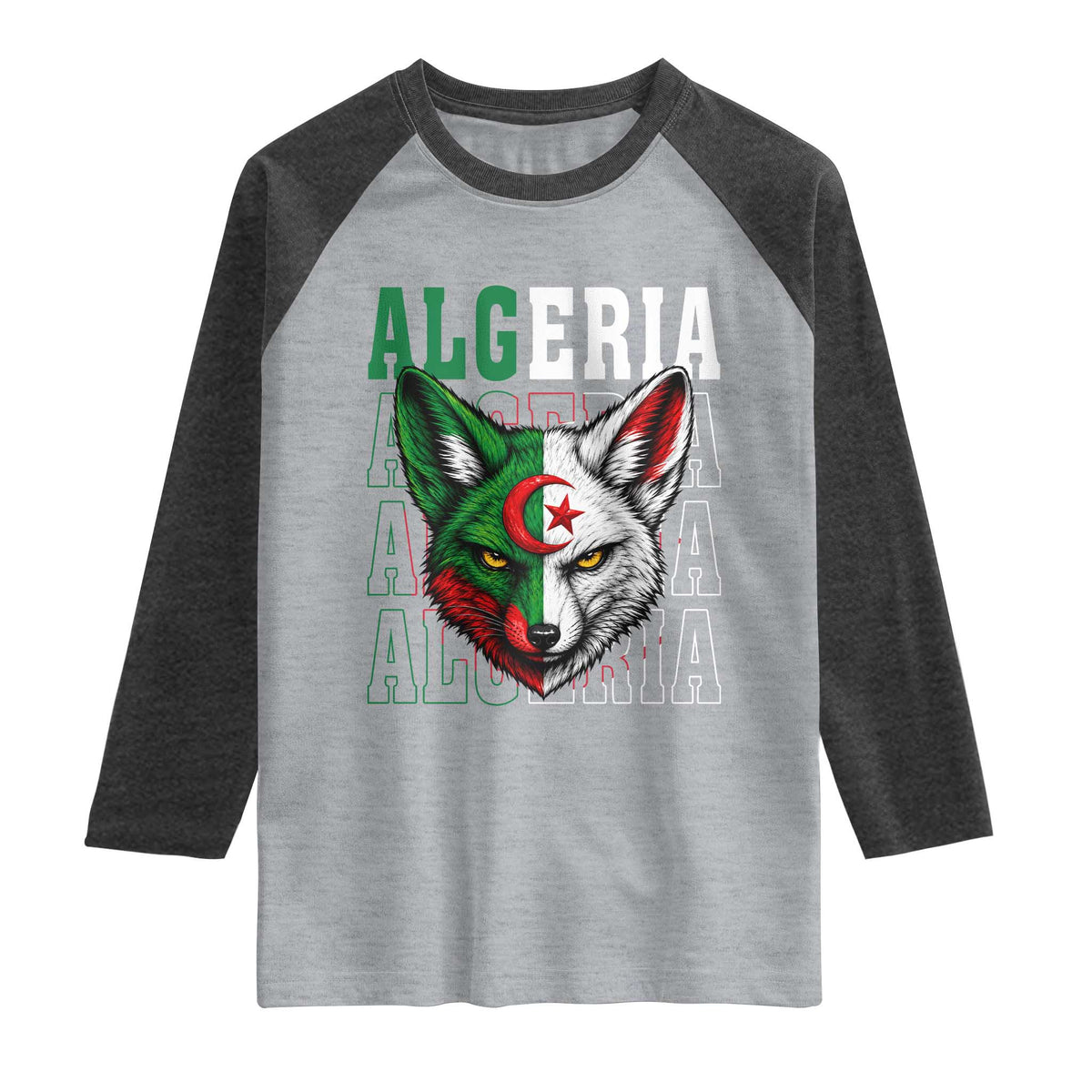 Algerian Fennec Fox Face Algeria National Flag Graphic Raglan Shirt Proud North African Desert Animal