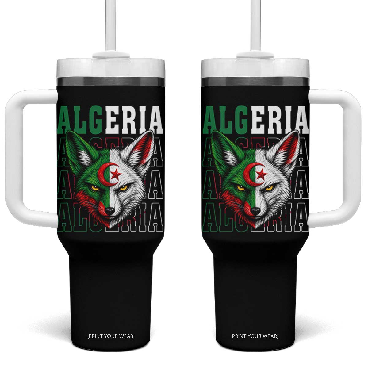 Algerian Fennec Fox Face Algeria National Flag Graphic Tumbler With Handle Proud North African Desert Animal TS02 One Size: 40 oz Black Print Your Wear