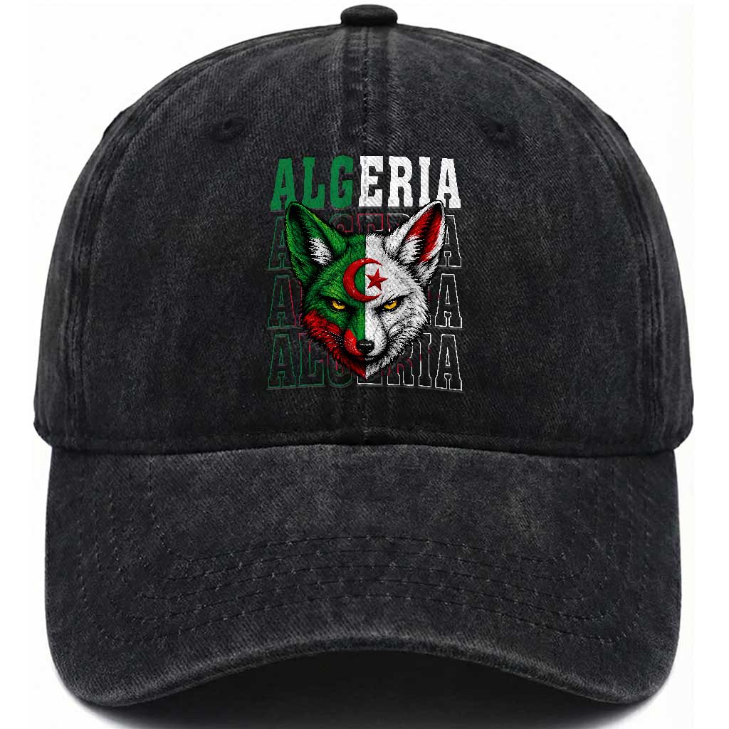 Algerian Fennec Fox Face Algeria National Flag Graphic Washed Cotton Baseball Cap Proud North African Desert Animal