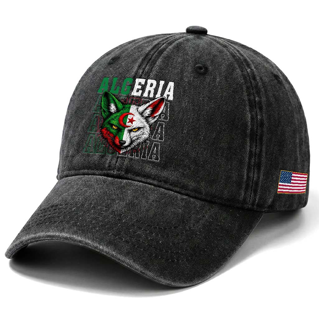 Algerian Fennec Fox Face Algeria National Flag Graphic Washed Cotton Baseball Cap Proud North African Desert Animal