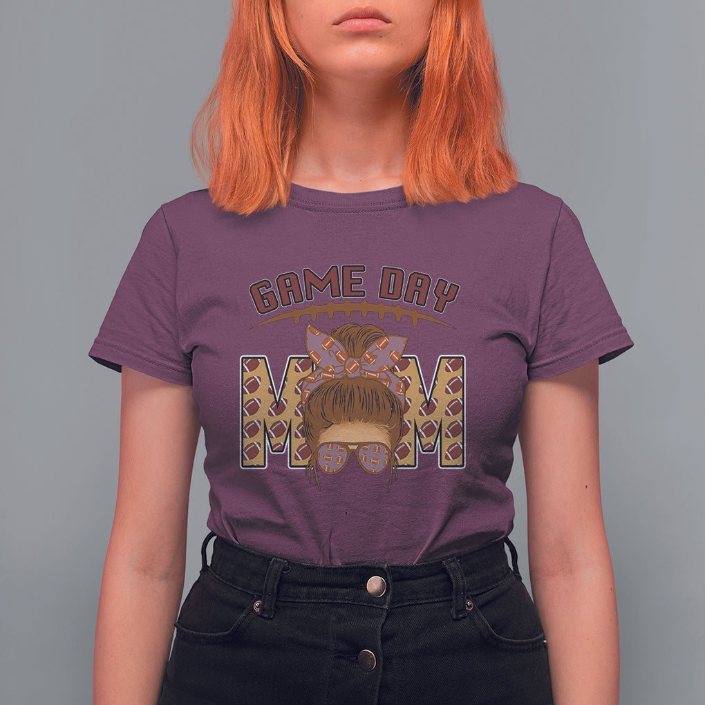 Football Mom T Shirt For Women Women Game Day Sunday Funday Rugby Messy Bun TS02 Maroon Printyourwear