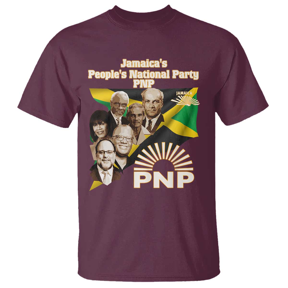 Jamaica People's National Party PNP Supporter T Shirt Patriotic Political Leaders Tribute Jamaican Flag TS02 Maroon Print Your Wear