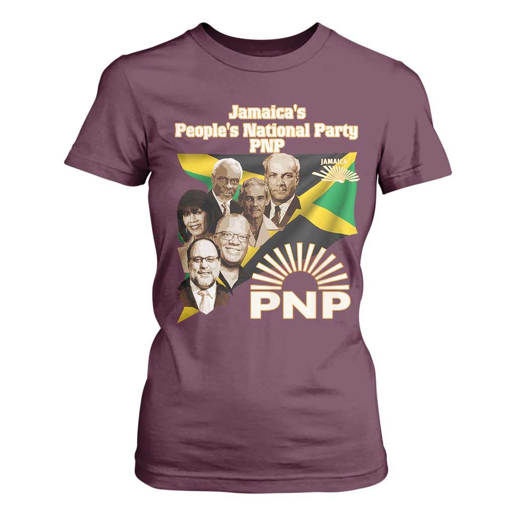 Jamaica People's National Party PNP Supporter T Shirt For Women Patriotic Political Leaders Tribute Jamaican Flag TS02 Maroon Print Your Wear
