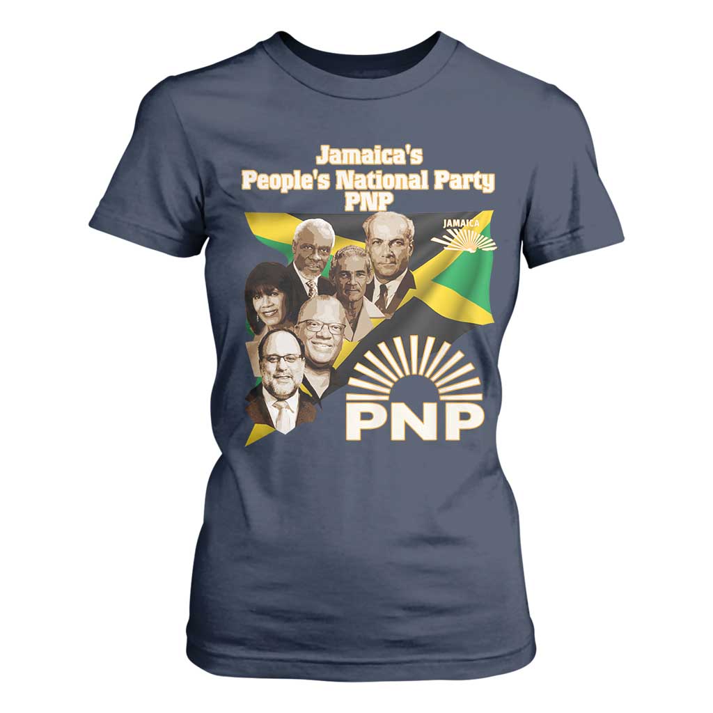Jamaica People's National Party PNP Supporter T Shirt For Women Patriotic Political Leaders Tribute Jamaican Flag TS02 Navy Print Your Wear