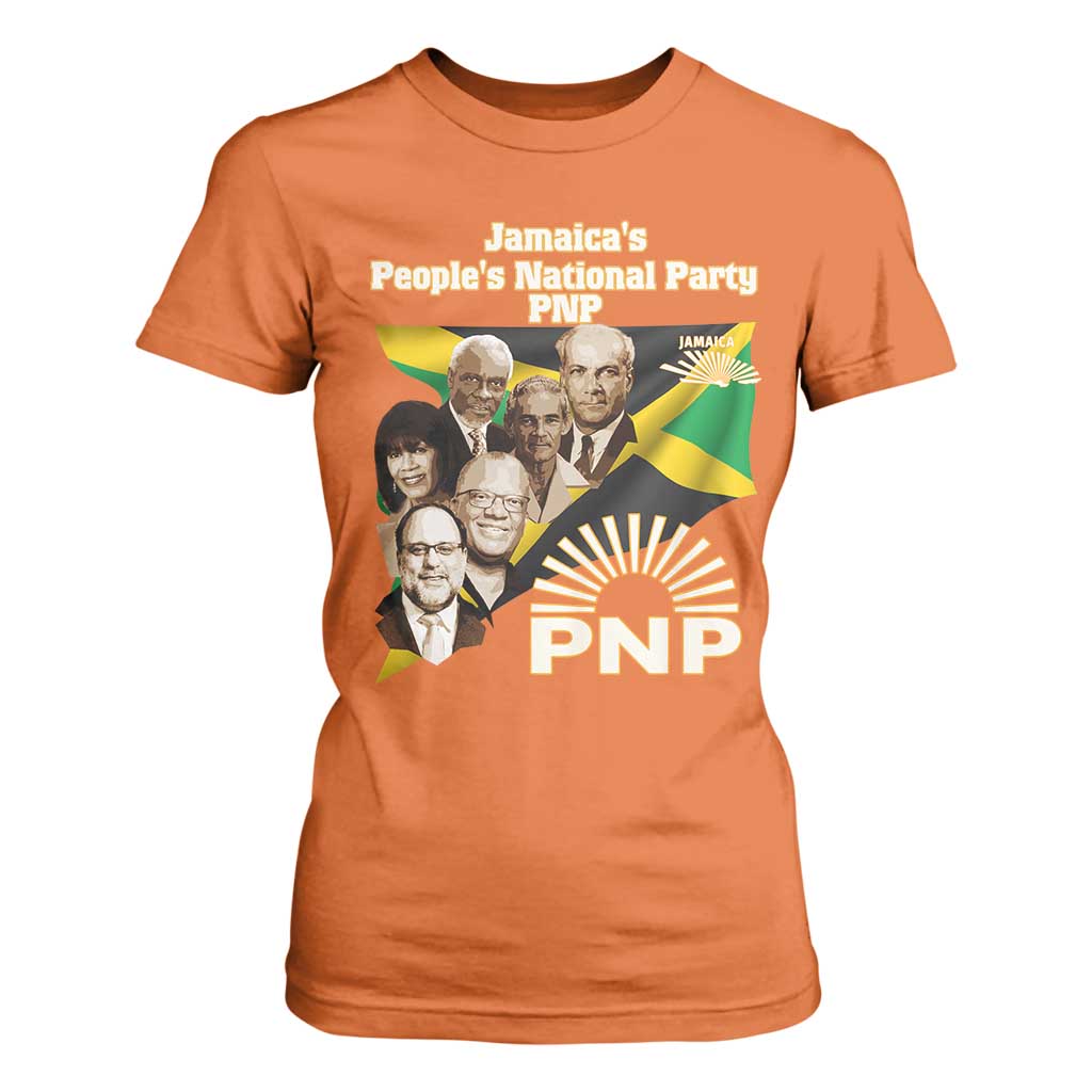 Jamaica People's National Party PNP Supporter T Shirt For Women Patriotic Political Leaders Tribute Jamaican Flag TS02 Orange Print Your Wear