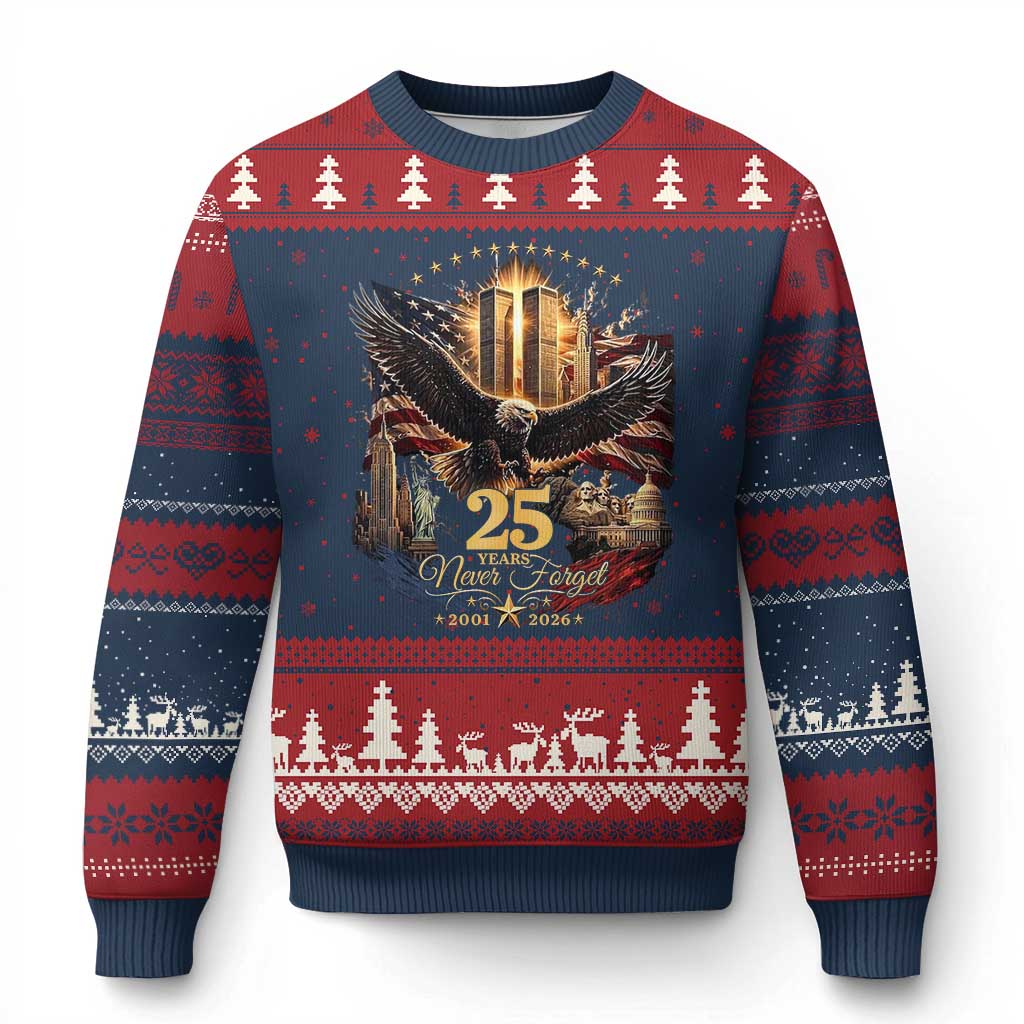Patriotic American Eagle 9 11 Memorial 25th Anniversary Ugly Christmas Sweater 25 Years 2021 2026 Never Forget TS02 Navy Red Print Your Wear
