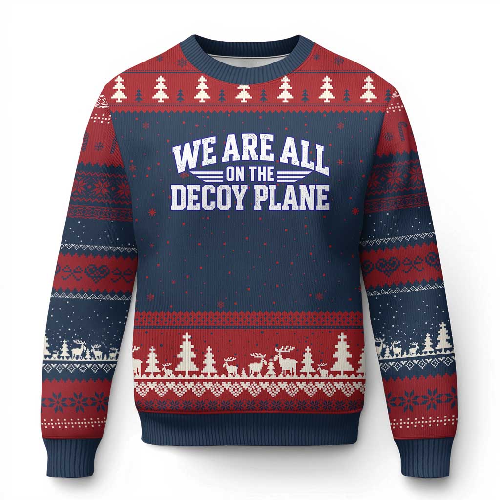 We Are All On The Decoy Plane Theories Aviator Wings Blue Ugly Christmas Sweater Funny Satirical Meme Conspiracy Commentary