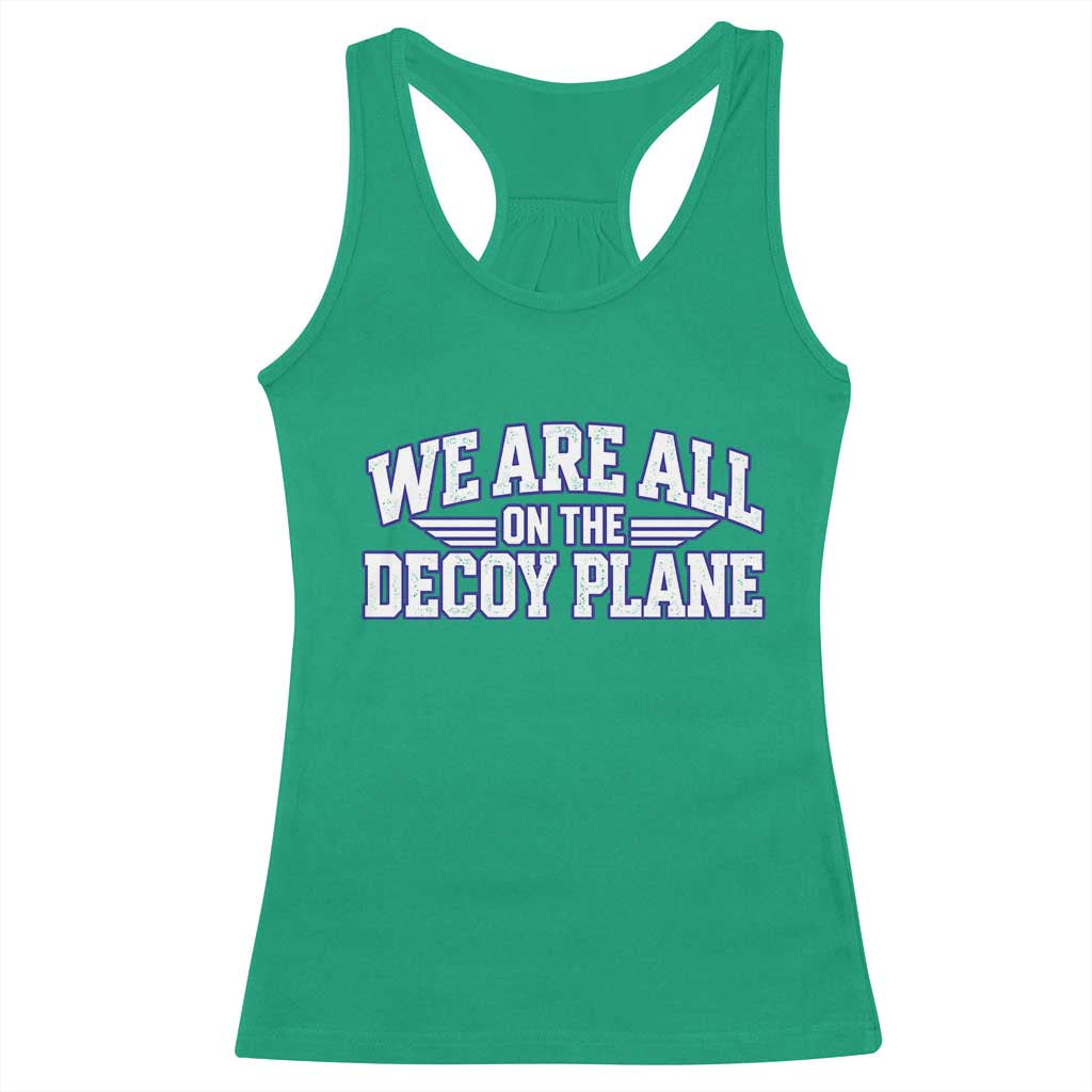 We Are All On The Decoy Plane Theories Aviator Wings Blue Racerback Tank Top Funny Satirical Meme Conspiracy Commentary