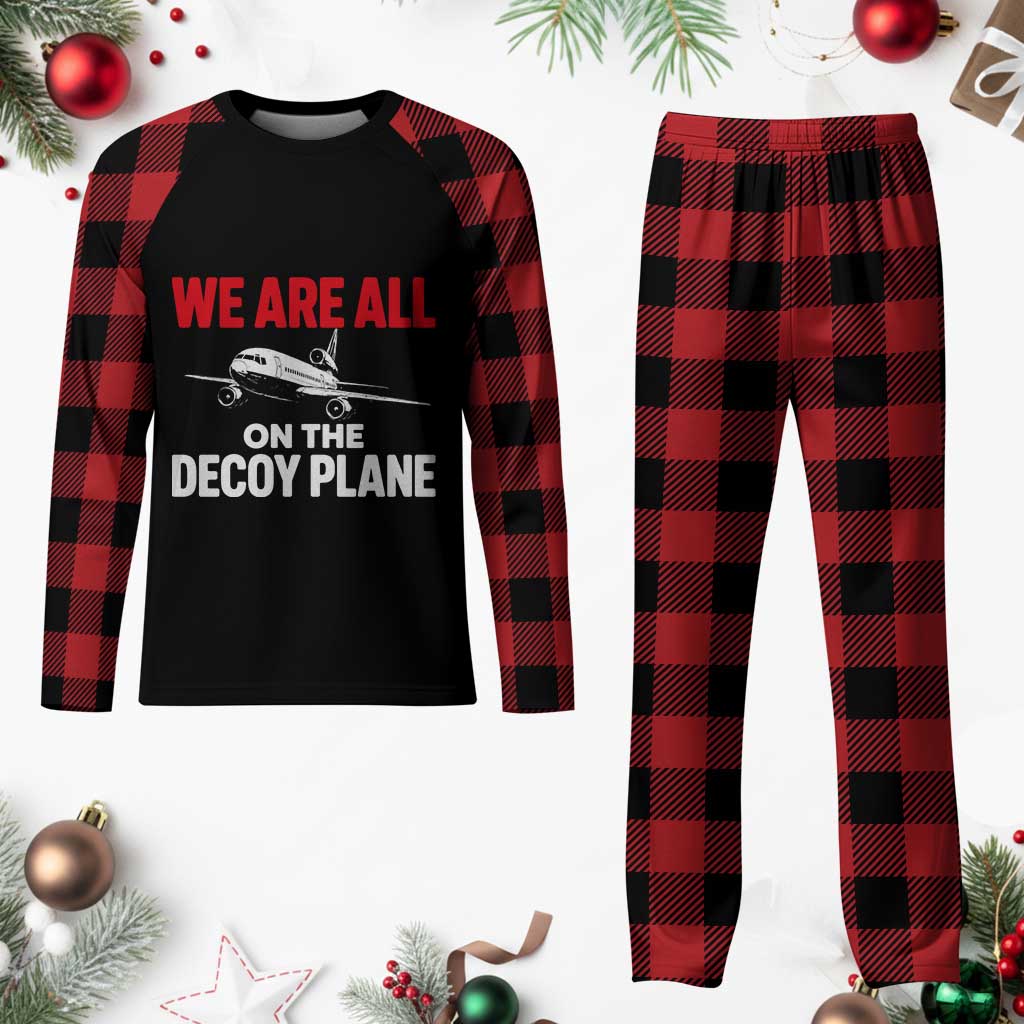 We Are All On The Decoy Plane Theories Trijet Aircraft Graphic Plaid Pajama Set Funny Satirical Meme Conspiracy Commentary
