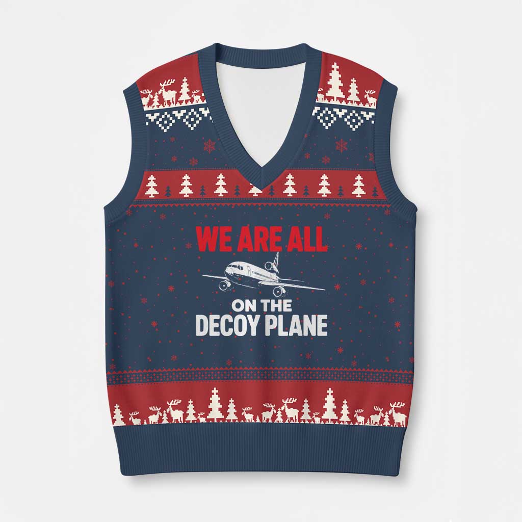 We Are All On The Decoy Plane Theories Trijet Aircraft Graphic V-Neck Knit Sweater Vest Funny Satirical Meme Conspiracy Commentary