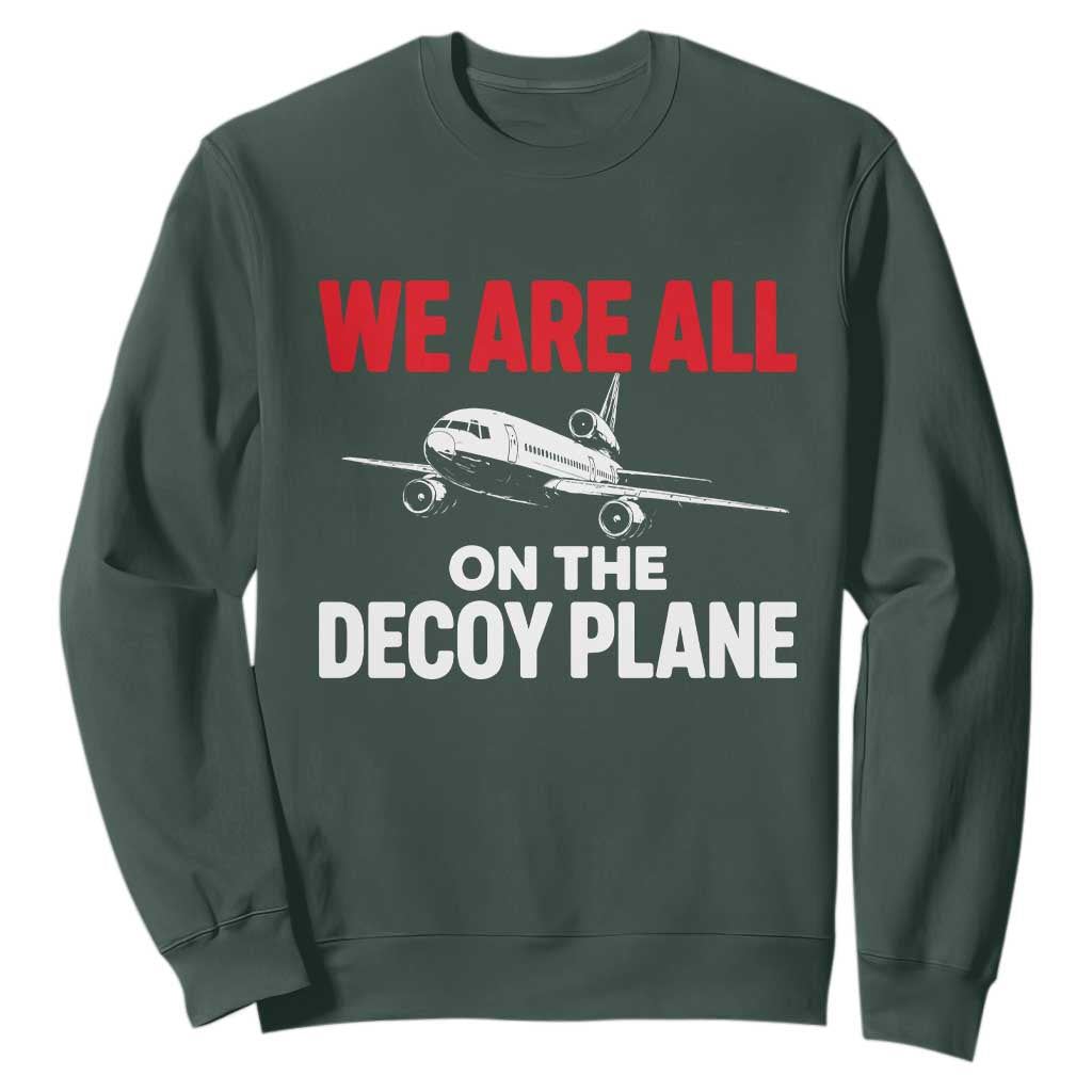 We Are All On The Decoy Plane Theories Trijet Aircraft Graphic Sweatshirt Funny Satirical Meme Conspiracy Commentary