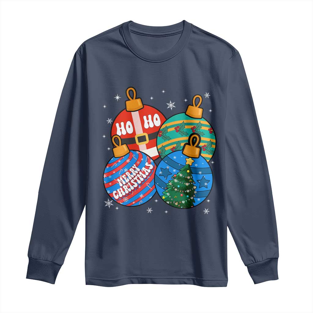 Retro Groovy Merry Christmas Ornament Ho Ho Ho Long Sleeve Shirt TS02 Navy Print Your Wear