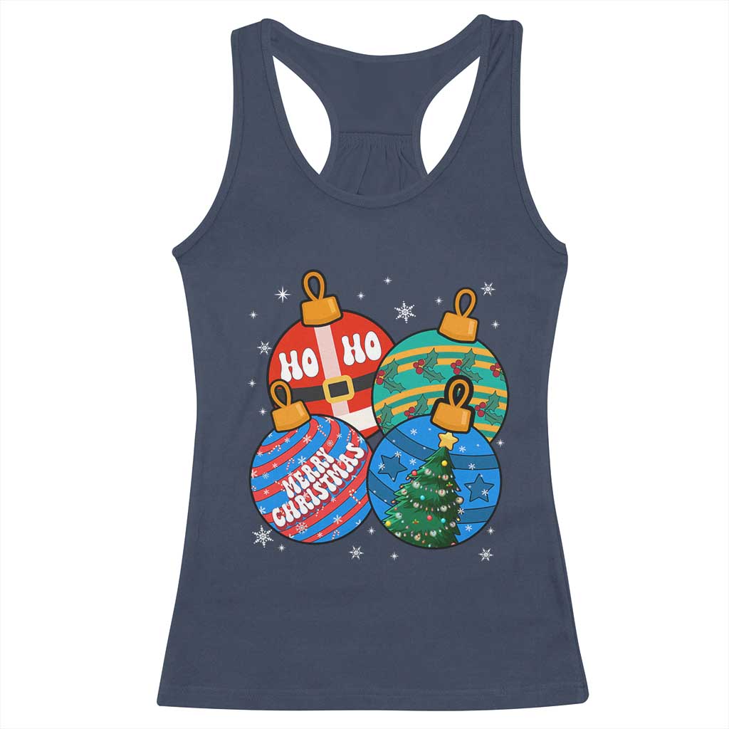 Retro Groovy Merry Christmas Ornament Ho Ho Ho Racerback Tank Top TS02 Navy Print Your Wear