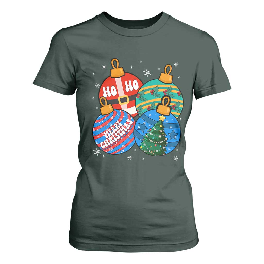 Retro Groovy Merry Christmas Ornament Ho Ho Ho T Shirt For Women TS02 Dark Forest Green Print Your Wear