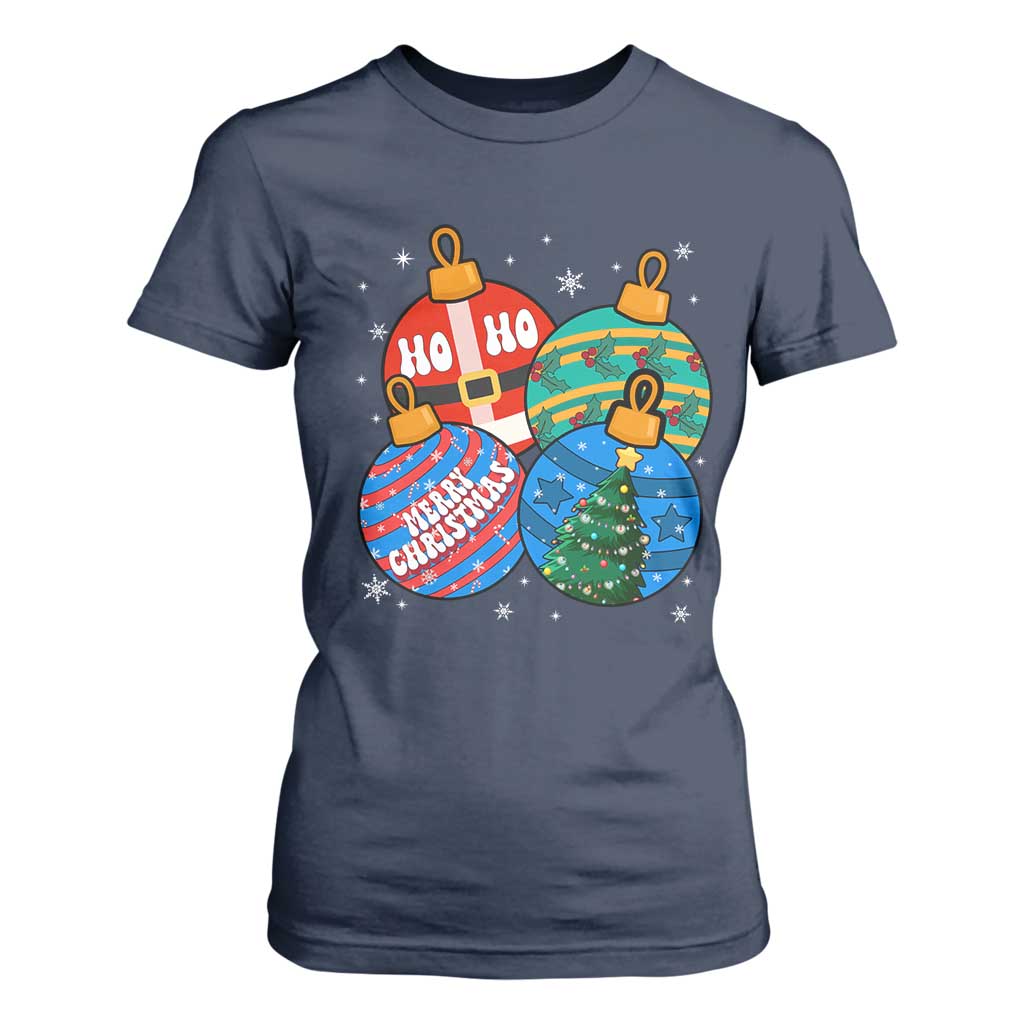 Retro Groovy Merry Christmas Ornament Ho Ho Ho T Shirt For Women TS02 Navy Print Your Wear