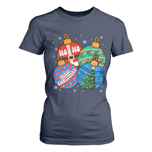 Retro Groovy Merry Christmas Ornament Ho Ho Ho T Shirt For Women TS02 Navy Print Your Wear