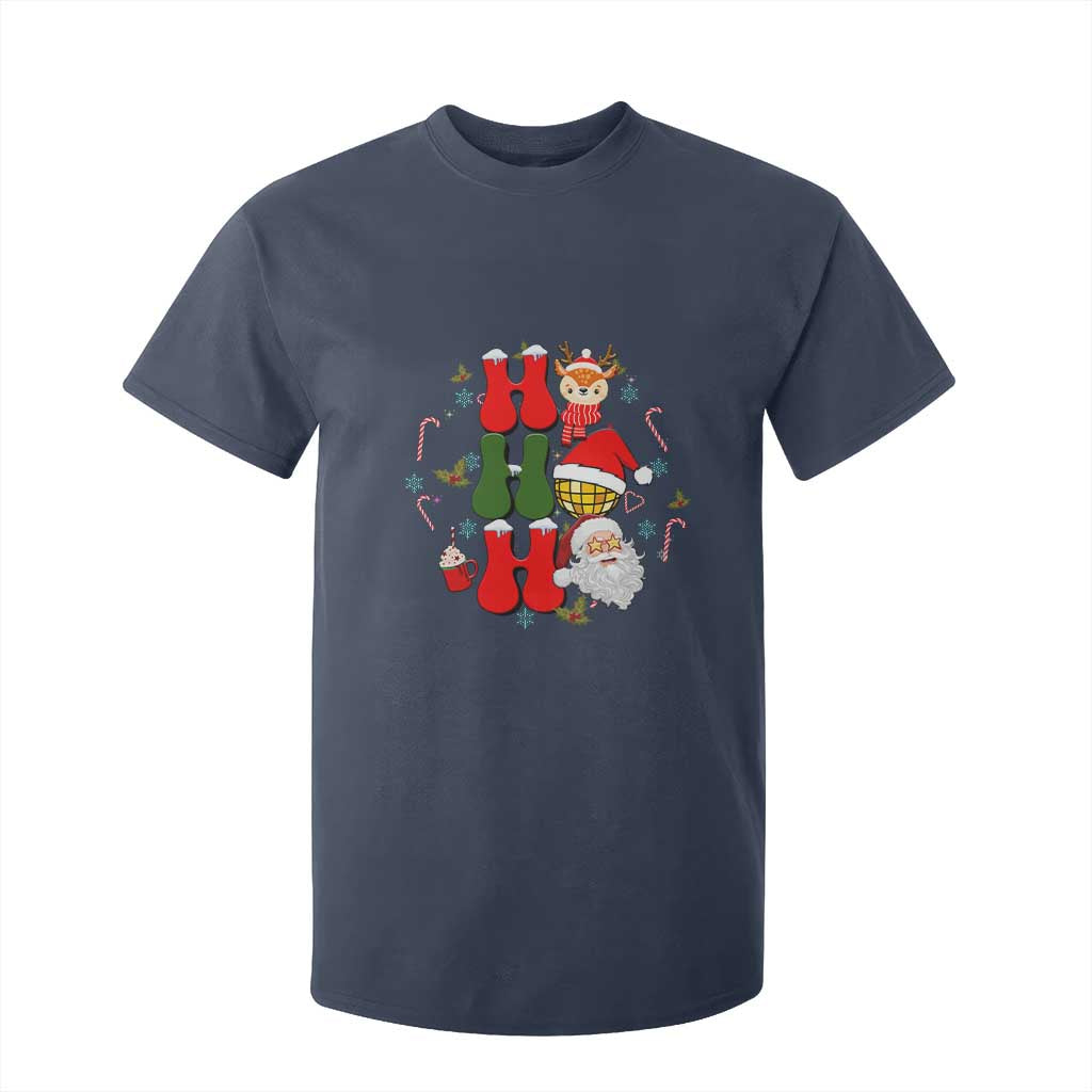 Retro Groovy Christmas Ho Ho Ho Reindeer Disco Ball Santa Xmas T Shirt For Kid TS02 Navy Print Your Wear