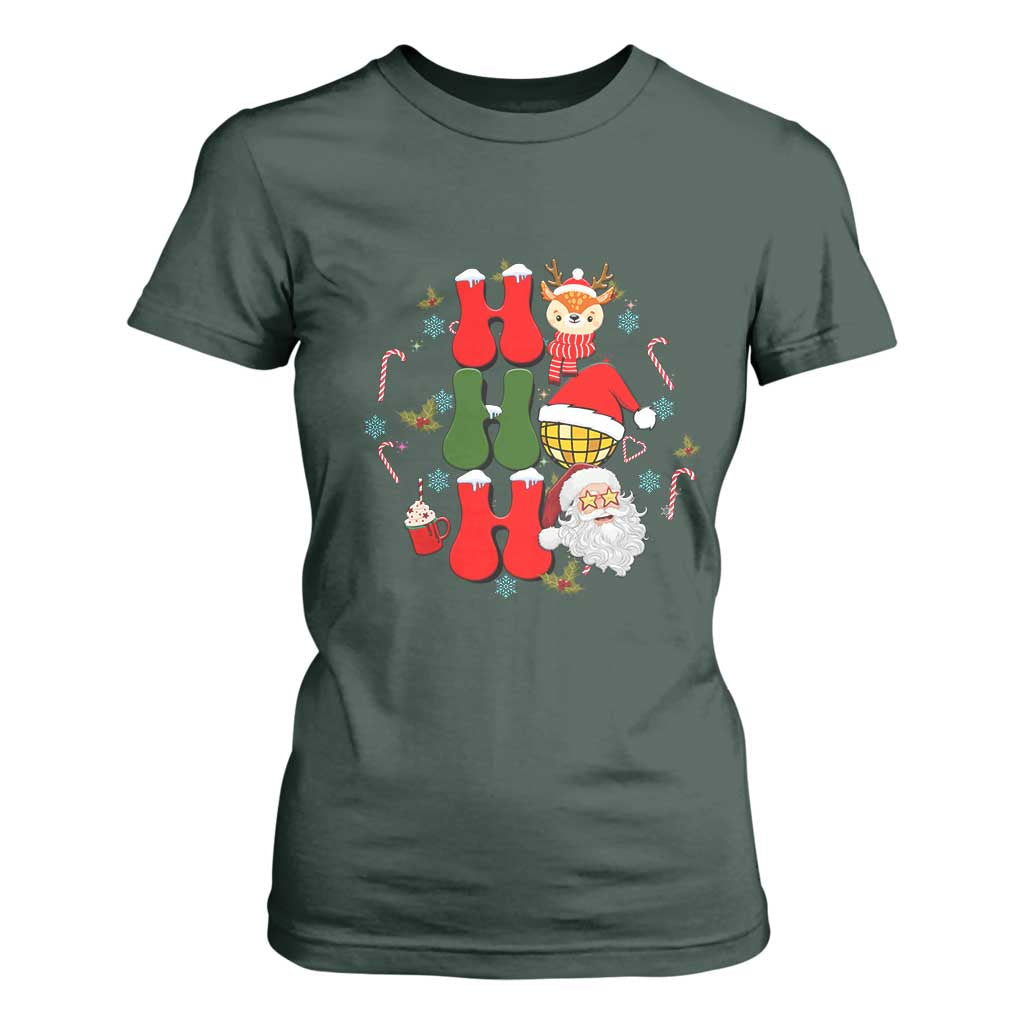 Retro Groovy Christmas Ho Ho Ho Reindeer Disco Ball Santa Xmas T Shirt For Women TS02 Dark Forest Green Print Your Wear