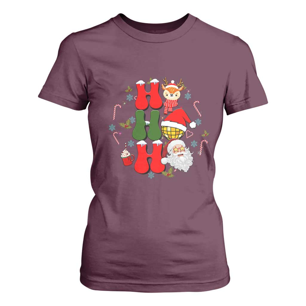 Retro Groovy Christmas Ho Ho Ho Reindeer Disco Ball Santa Xmas T Shirt For Women TS02 Maroon Print Your Wear