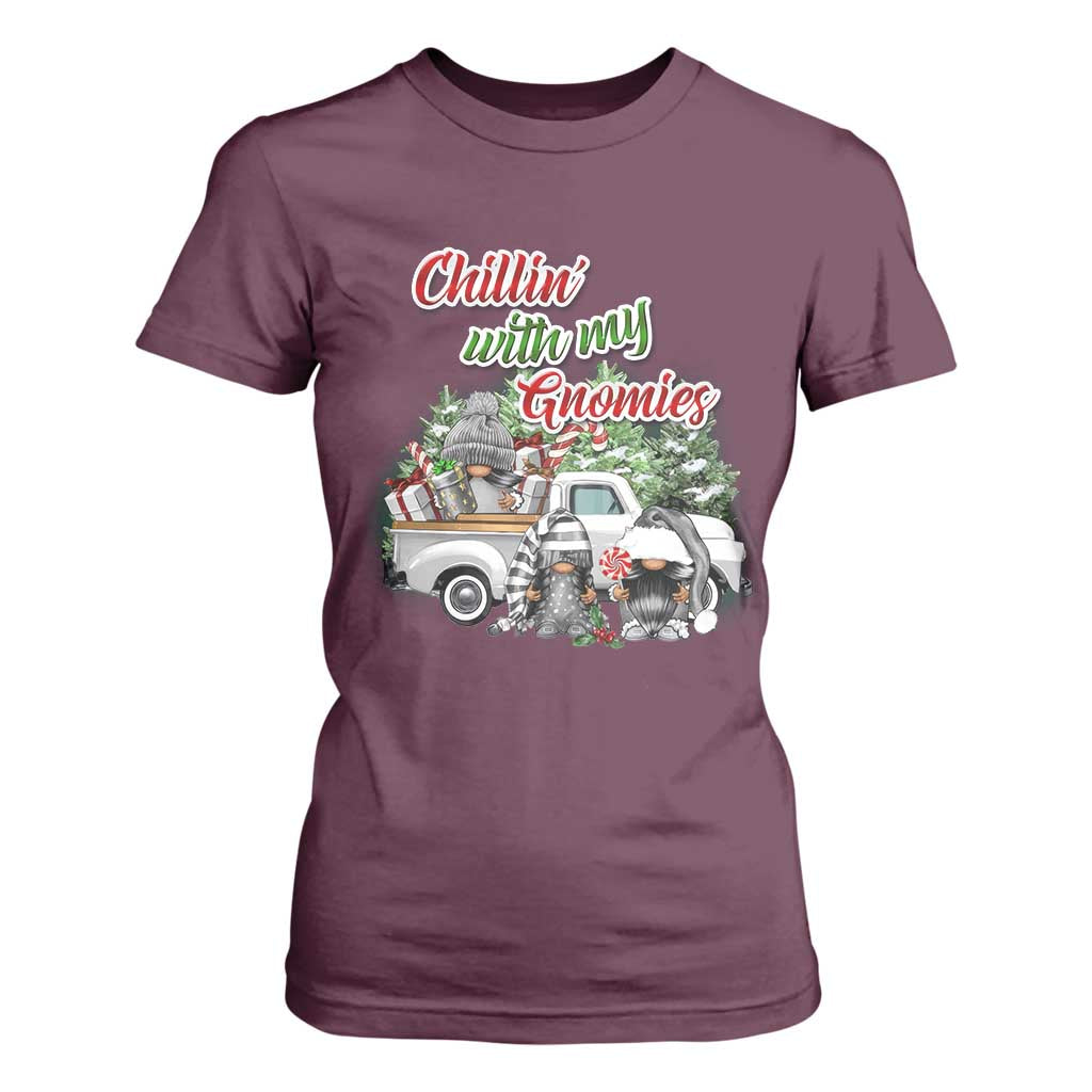 Gnome Christmas T Shirt For Women Chillin With My Gnomies Xmas Truck TS02 Maroon Print Your Wear