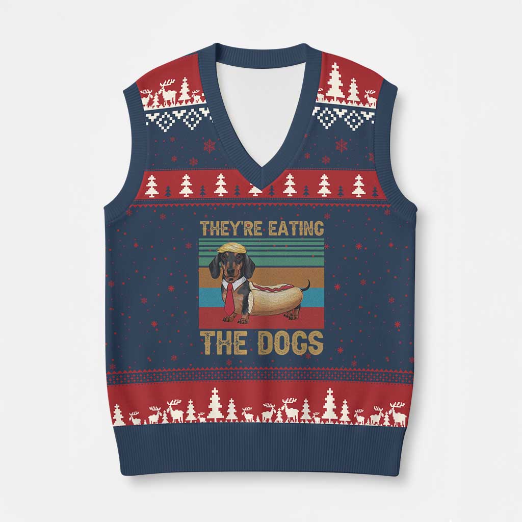 Funny Hot Dog Lover V-Neck Knit Sweater Vest They're Eating The Dogs Dachshund TS02 Navy Red Print Your Wear