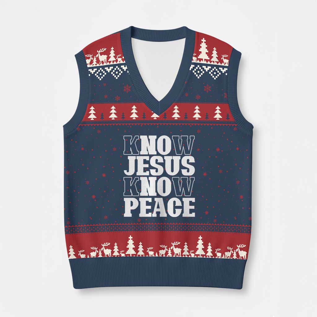 Know Jesus Know Peace V-Neck Knit Sweater Vest No Jesus No Peace TS02 Navy Red Print Your Wear