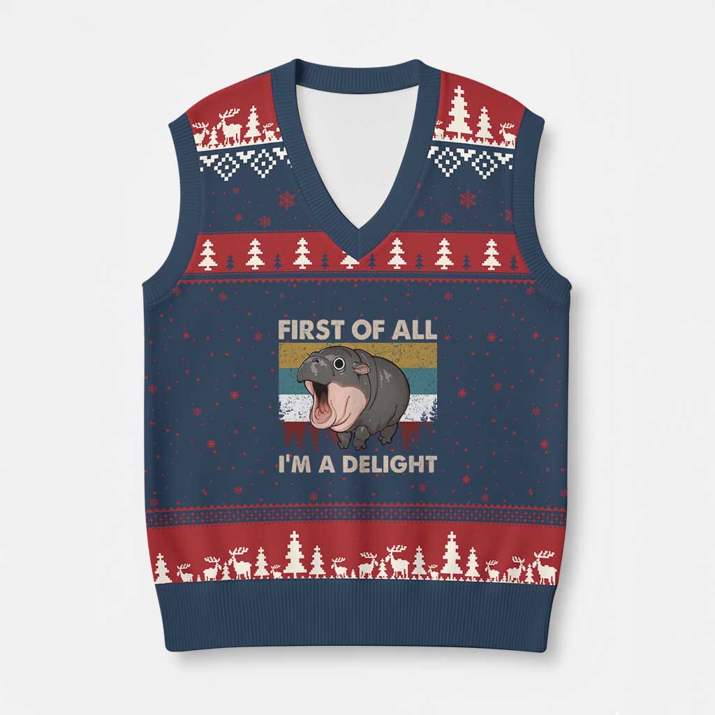 Funny Screaming Moo Deng V-Neck Knit Sweater Vest First Of All I'm A Delight Retro Vintage TS02 Navy Red Print Your Wear