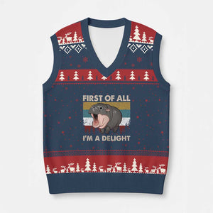 Funny Screaming Moo Deng V-Neck Knit Sweater Vest First Of All I'm A Delight Retro Vintage TS02 Navy Red Print Your Wear