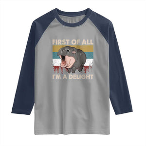 Funny Screaming Moo Deng Raglan Shirt First Of All I'm A Delight Retro Vintage TS02 Sport Gray Navy Print Your Wear