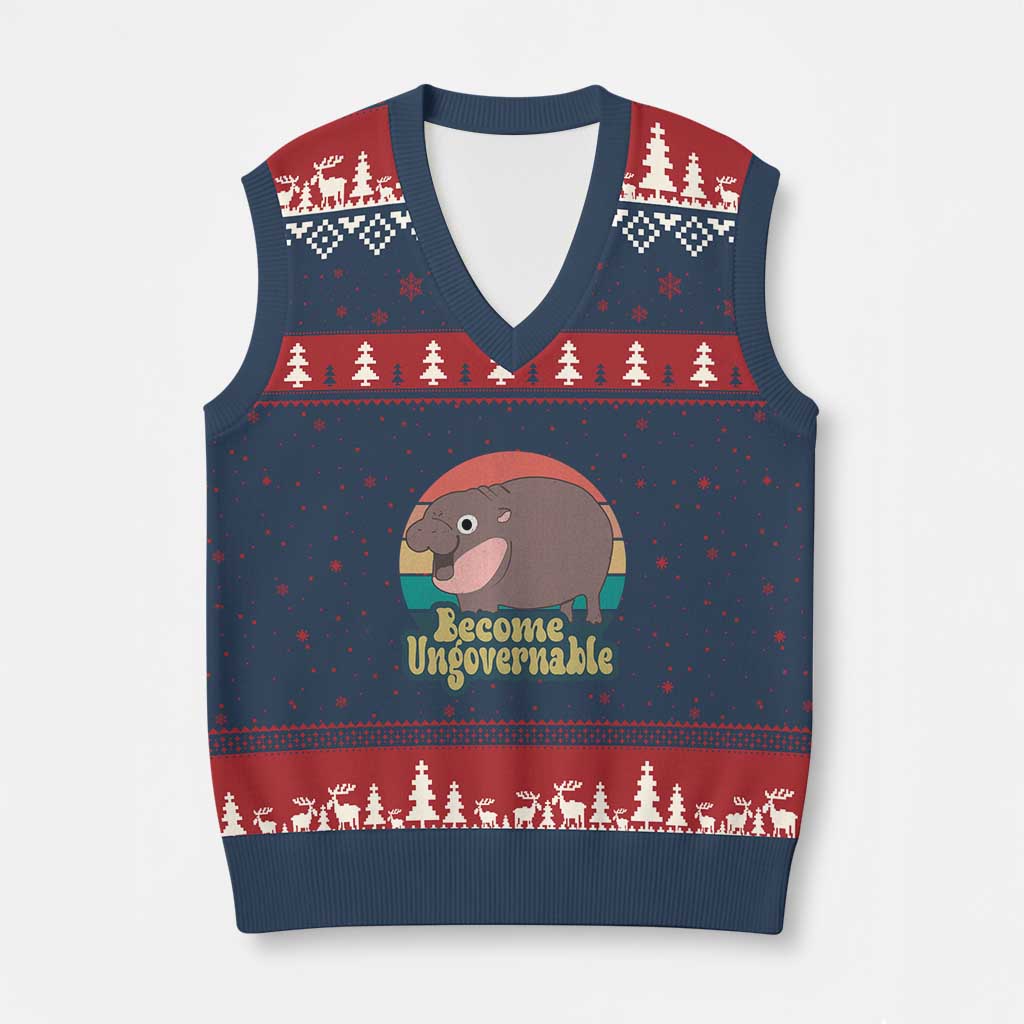 Funny Baby Hippo Moo Deng V-Neck Knit Sweater Vest Become Ungovernable Retro TS02 Navy Red Print Your Wear