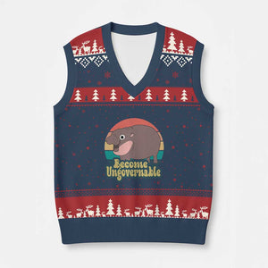 Funny Baby Hippo Moo Deng V-Neck Knit Sweater Vest Become Ungovernable Retro TS02 Navy Red Print Your Wear