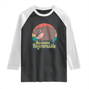 Funny Baby Hippo Moo Deng Raglan Shirt Become Ungovernable Retro TS02 Black White Print Your Wear