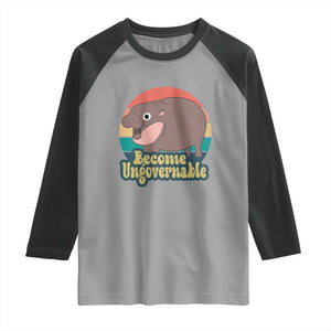 Funny Baby Hippo Moo Deng Raglan Shirt Become Ungovernable Retro TS02 Sport Gray Black Print Your Wear