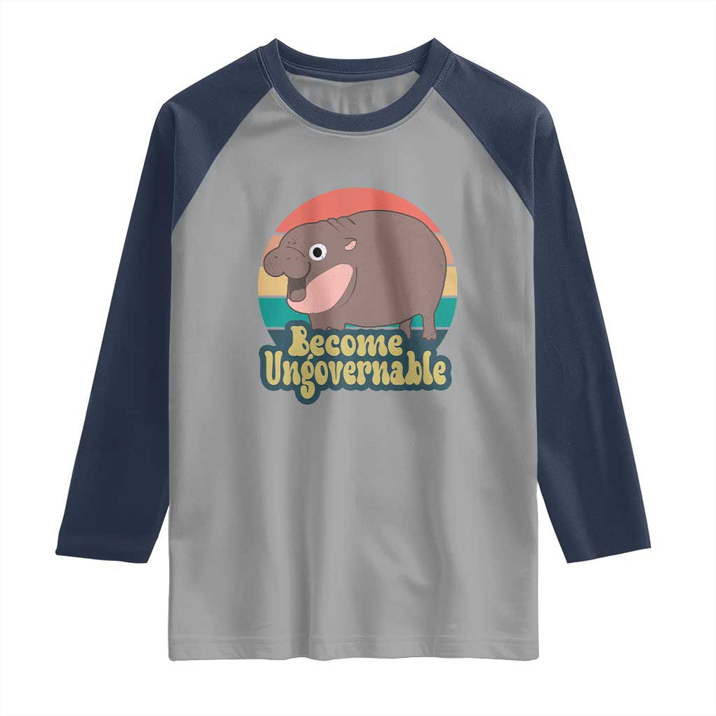 Funny Baby Hippo Moo Deng Raglan Shirt Become Ungovernable Retro TS02 Sport Gray Navy Print Your Wear
