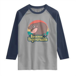 Funny Baby Hippo Moo Deng Raglan Shirt Become Ungovernable Retro TS02 Sport Gray Navy Print Your Wear
