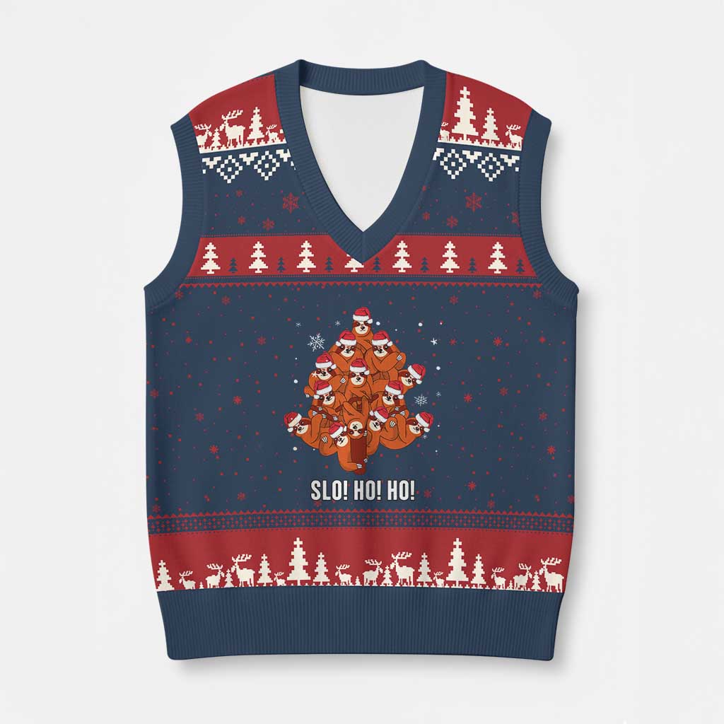 Funny Sloth Xmas Tree V-Neck Knit Sweater Vest Slo Ho Ho Ho Santa Hat TS02 Navy Red Print Your Wear