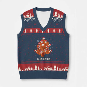 Funny Sloth Xmas Tree V-Neck Knit Sweater Vest Slo Ho Ho Ho Santa Hat TS02 Navy Red Print Your Wear
