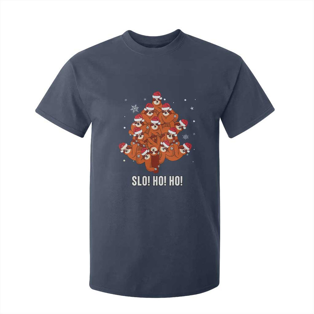 Funny Sloth Christmas Tree T Shirt For Kid Slo Ho Ho Ho Santa Hat TS02 Navy Print Your Wear