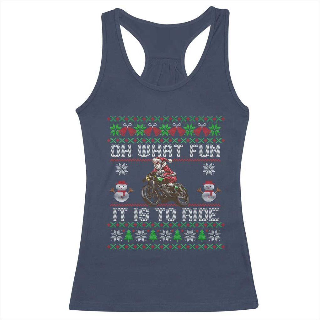 Biker Santa Claus Racerback Tank Top Oh What Fun It Is To Ride Motorcycle Christmas Ugly Sweater TS02 Navy Print Your Wear