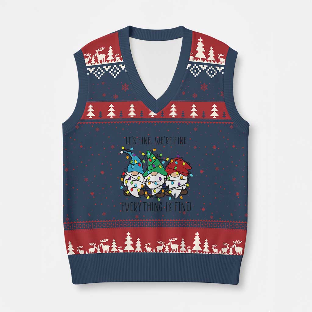 Xmas Gnomies V-Neck Knit Sweater Vest It's Fine I'm Fine Everything Is Fine TS02 Navy Red Print Your Wear