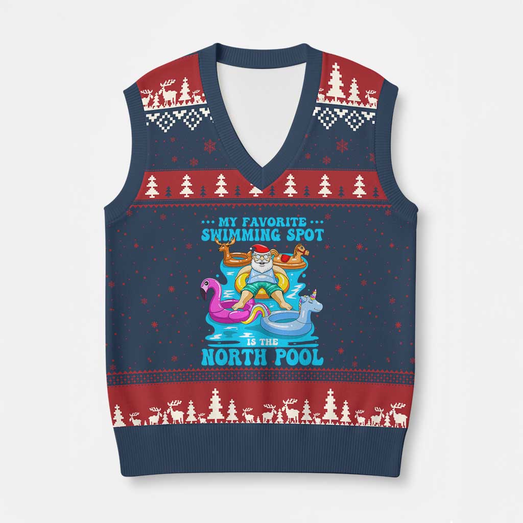 Xmas In July Relaxing Santa V-Neck Knit Sweater Vest My Favorite Swimming Spot Is The North Pole TS02 Navy Red Print Your Wear
