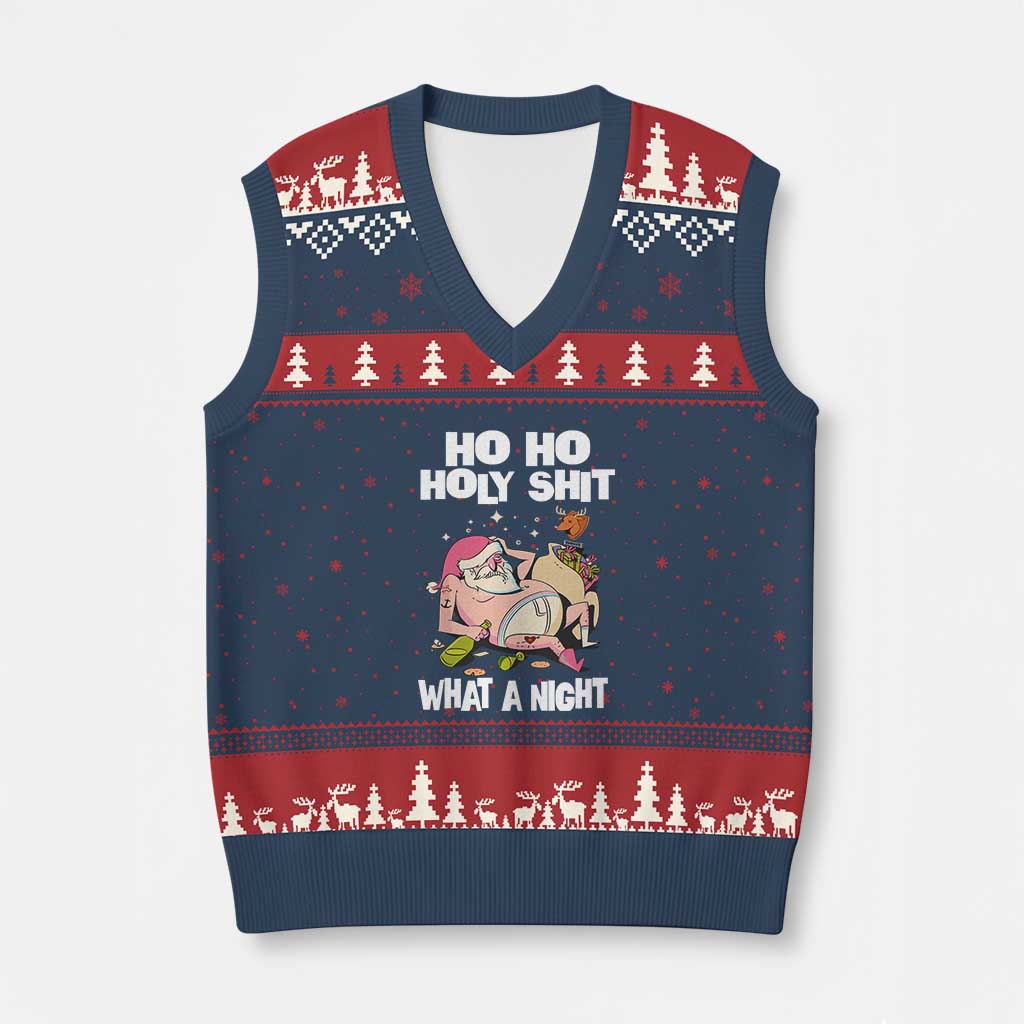 Funny Drunk Santa V-Neck Knit Sweater Vest Ho Ho Holy Shit What A Night TS02 Navy Red Print Your Wear