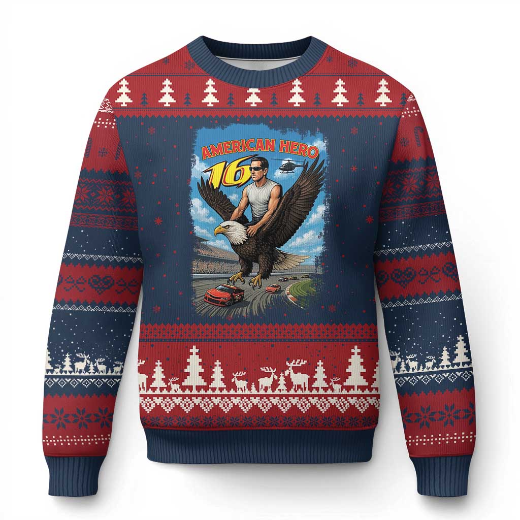 Patriotic Americanana Speed Legend 16 Tribute Ugly Christmas Sweater American Hero Bald Eagle Speedway Memorial TS02 Navy Red Print Your Wear